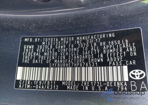 2017 Toyota Corolla Le from USA, damaged, VIN 5YFBURHE7HP676531